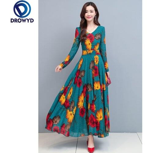 2020 New Summer Lady Long Sleeve Dress for Women Maxi Long Dress Beach Chiffon Floral Printed Party Dresses Vestidos Plus Size