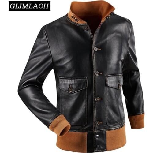 2021 New Men Real Leather Jacket High Neck Aviator Flight Bomber 100% Sheepskin Genuine Leather Coat Vintage Classic Jacket Male