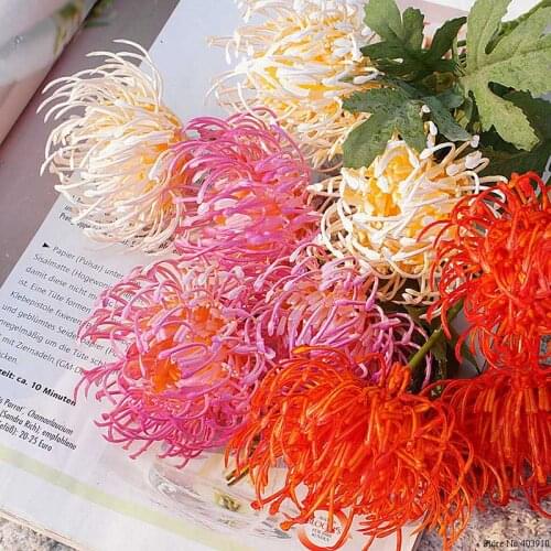 3 Heads golden chrysanthemum branch plastic Artificial flowers flores DIY wedding home decoration plant green leaves