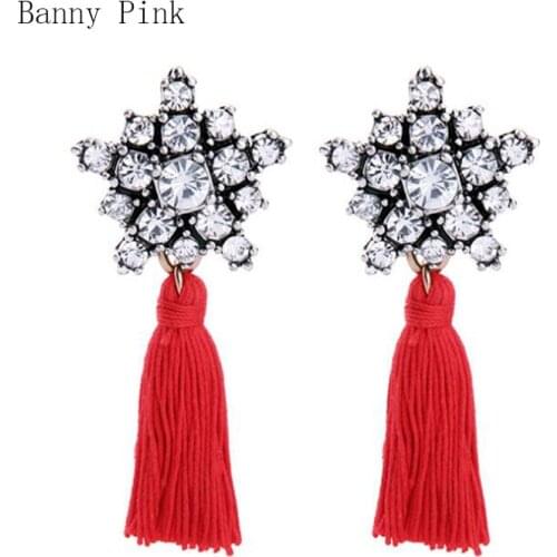 Bohemia Cotton Tassel Pendant Studs Earrings Ethnic Rhinestone long Post Earrings Fashion Jewelry Pendientes Vintage Earrings