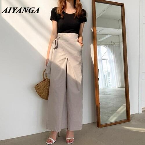 Wide Leg Pants Women 2019 Summer Autumn Linen Pant Casual OL Irregular Sashes High Waist Work Pants Trousers Korean Style Women