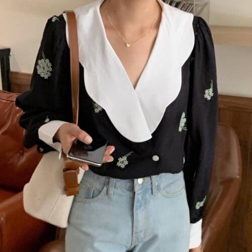 One-piece retro blouse elegant V-neck stitching printing embroidery Korean cotton shirt womens long-sleeved loose top