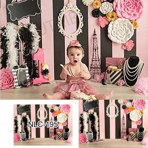 Paris Birthday Backdrop Girls Sweet Pink Floral Pearl Pink Stripes French Eiffel Tower Baby Shower Party Photoshoot Background