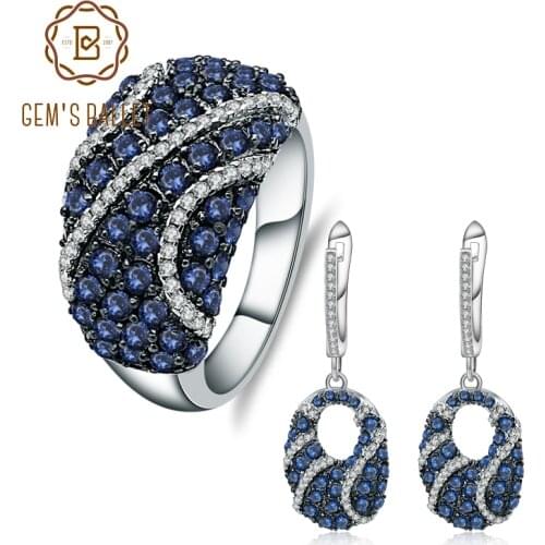 GEMS BALLE 925 Sterling Silver Vintage Jewelry Set Luxury Natural Blue Sapphire Gemstone Ring Earrings For Women Fine Jewelry
