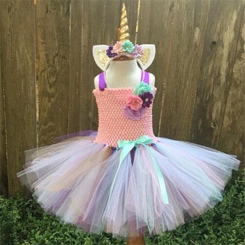 Cute Girls Flower Tutu Dress Baby 2Layers Crochet Tulle Tutus with Ribbon Bow and Headband Kids Birthday Party Costume Dresses