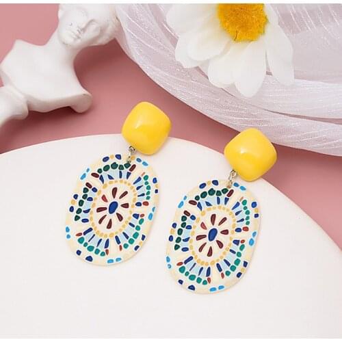 Fashion Vintage Colorful Sunflower Acrylic Earrings For Women Girls Retro Geometric Pendant Stud Ear Jewelry Party Gifts