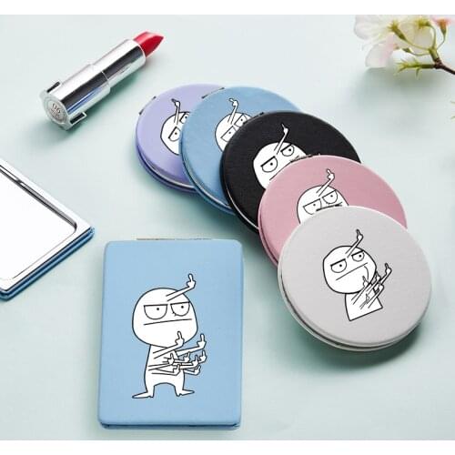 Cartoon Funny Cute Makeup Mirrors with Double Side for Girls Travel Portable Magnifying PU Cosmetic Compact Pocket Vanity Mirror