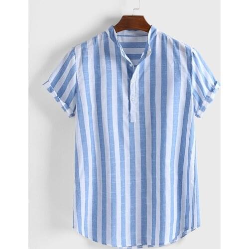 Mens Striped Shirt Stand-up Collar Cotton And Linen Casual Short-sleeved Shirt Shirt Loose Casual Button Shirt Plus Size Shirt