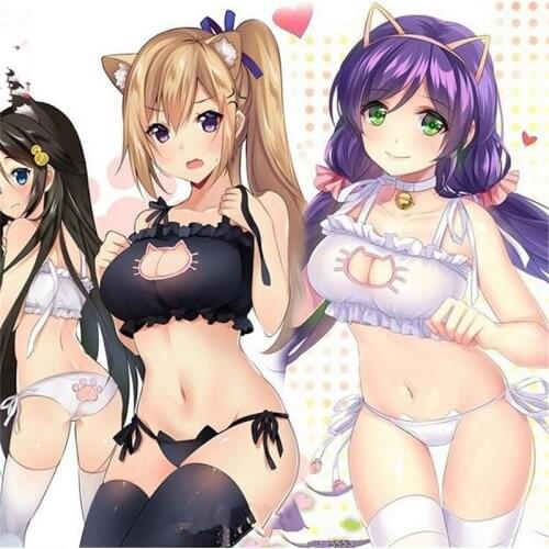 Cartoon Cat Embroidery Cosplay Set Kawaii Cat Hollow Keyhole Bra With Briefs Lovely Hollow Out Paws Anime Cosplay Sets