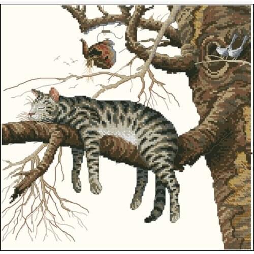New Arrival Home Decoration Needlecrafts Cross Stitch Kits Cat on Tree Too Pooped Animal Cartoon European Embroidery Set
