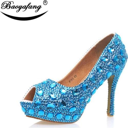 BaoYaFang New Arrival Sea Blue crystal Women Wedding shoes Woman 12cm high heel platform shoes brand shoes woman ladies shoes