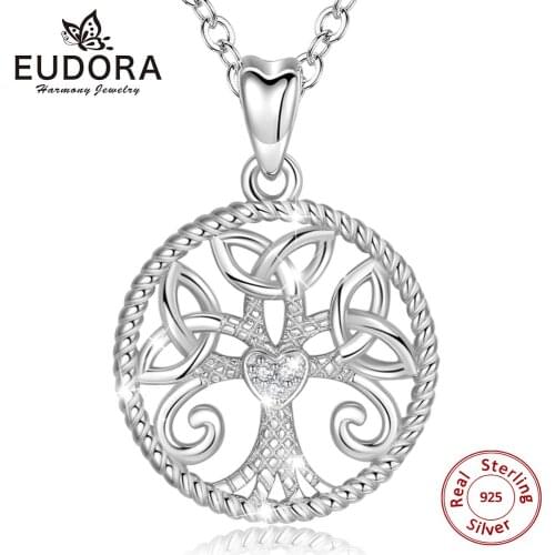 EUDORA 925 Sterling Silver Tree of Life Pendant Necklace Irish Celtics Knot Crann Bethadh Sliver jewelry For Women Girls CYD113