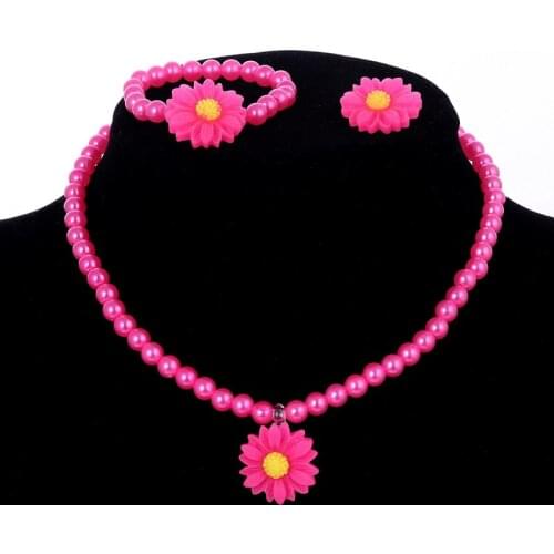 Colorful Imitation Pearl Beads Necklace Resin Flower Pendant Chokers Necklace Bracelet Ring Jewelry Sets For Kid Free Shipping