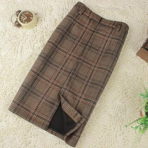 High Waist woolen Plaid Skirts 2021 New Elegant Split A-line Office Skirt Hip Package knee-length skirt plus size 4XL