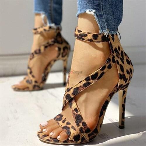 Leopard Pumps Women Shoes High Heels Women Sandals 2021 Zipper New Summer High Heels Sexy Ladies Peep Toe Cross Strap Sandals