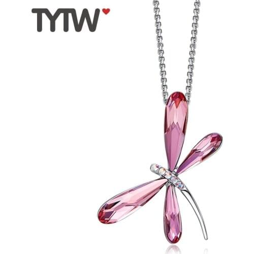 TYTW Sweet Crystals from Austrian Neckalce Pink Dragonfly Pendant Nacklace For Women Lady Party Wedding Jewelry