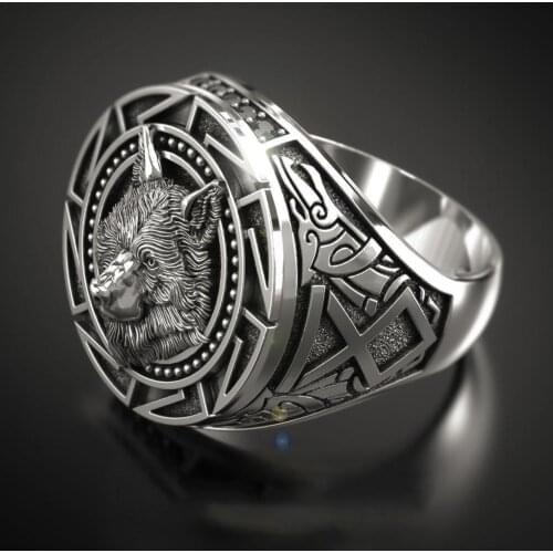 Vintage Fashion Nordic Soldier Wolf Head Rings For Men Punk Jewelry Retro Wolf Totem Male Silver Color Ring Hip Hop Finger Bands