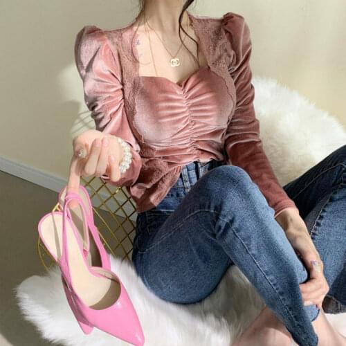 2021 New Spring Vintage Square T-shirt Women Lace Embroidery Ruched on Chest Cotton Tops Tee Long Sleeve Pink White Black Y62