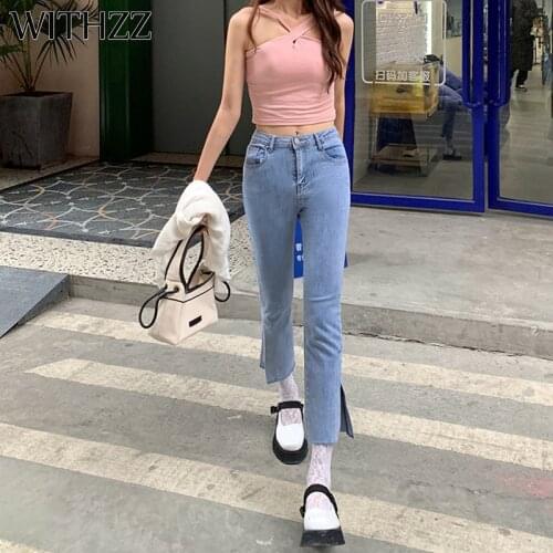WITHZZ Spring Summer Womans High Waist Split Elasticity Denim Pencil Pants Lovely Female Jeans