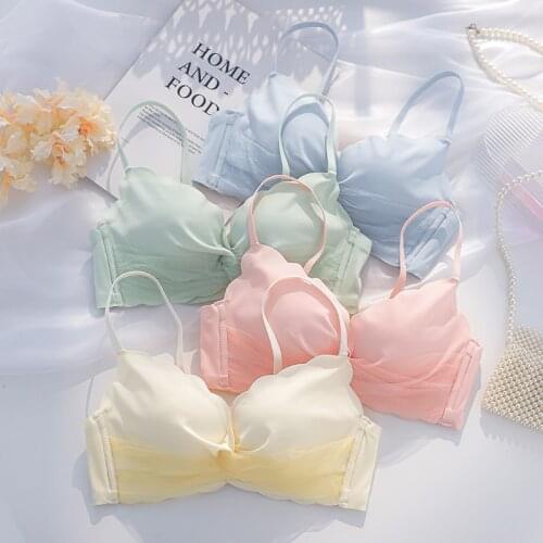 Wasteheart Women Fashion Green Yellow Pink Sexy Bras Wireless Lace One-Piece Bras Cotton Panties Padded Bra Sets A B Underwear