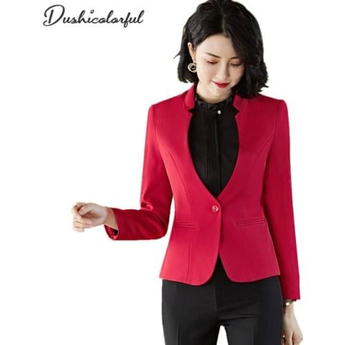 Women Blazer Spring 2021 Host Suit Jacket Collarless Professional Office Ladies Workwear Tops Formal Wear BlackAnd Red Coat