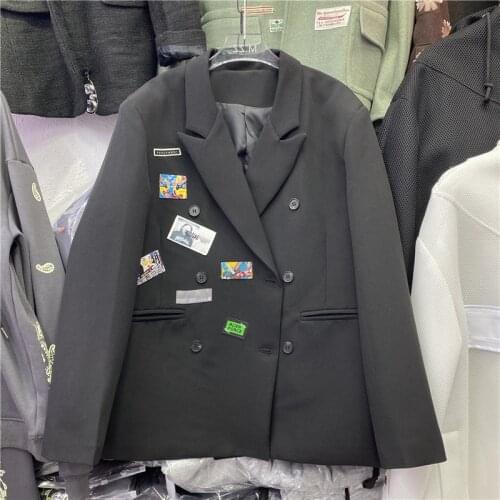 Harajuku Blazer Jacket Women Fashion Cartoon Patch Loose Suit Jacket Female Double Breasted Black Blazers Coat British style