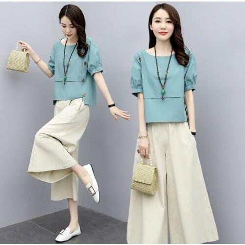 Womens Summer Office Suit Wide Leg Pants 2021 New Slim Ethnic Plus Size Western Style Retro Casual Two Piece Set Crop Top Women