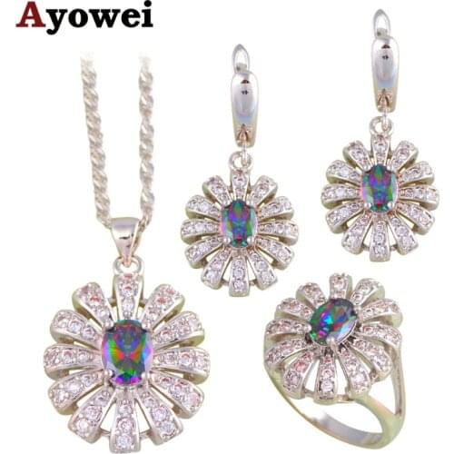 High Quality Rainbow Mystic Crystal Silver 925 Stamped Fashion Jewelry Sets Earrings Pendant Necklace Rings for Women JS677A
