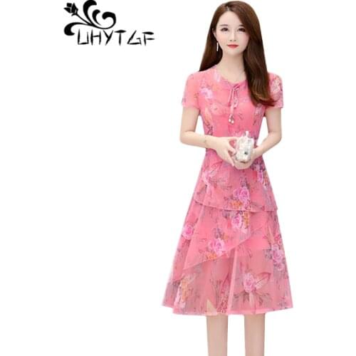 UHYTGF Womans dress fashion gauze chiffon summer dress Korean loose 5XL plus size dresses large swing printing elegant dress 955