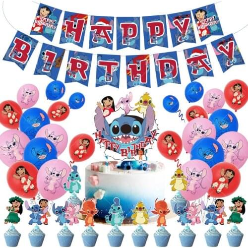 Star Baby Stitch Theme Birthday Party Decor Childrens Birthday Balloon Pull Flag Cake Topper Set Banquet Decoration Supplies