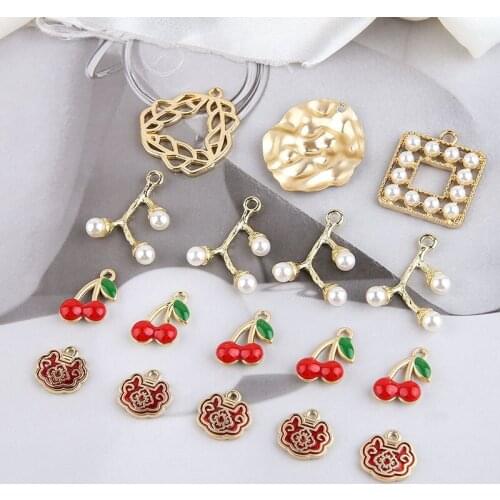 10pcs Korean Female Sweet Red Cherry Pearl Earring Irregular Wave Pattern Round Branches Square Fruit Earrings Jewelry Making