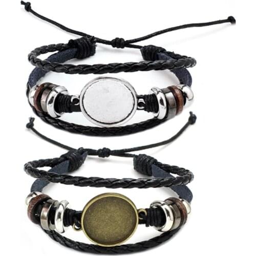 Aiovlo Antique Leather Cuff Bracelet Bangle Blank Base Fit 20mm Round Photo Glass Cabochon Setting Bezel Tray DIY Jewelry Making
