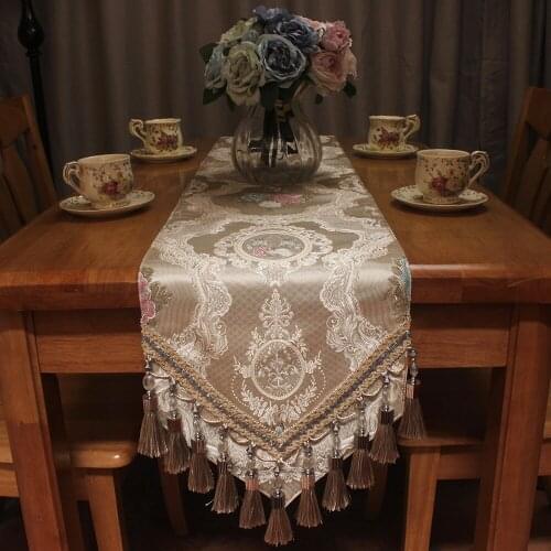 CURCYA Beige Luxury Wedding Decoration Table Runner 30x200cm Formal European Elegant Jacquard Flowers Pointed Table Runners