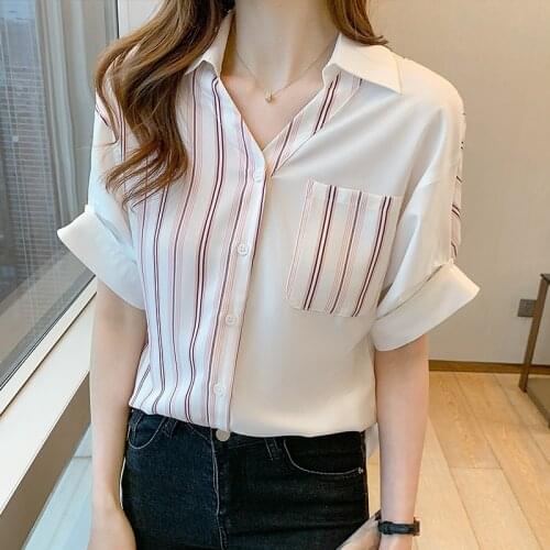 Summer Blouses Striped Short Sleeve Shirt Womens Loose Pocket Shirt Plus Size Women Clothing Blusas Mujer De Moda 2021 Verano