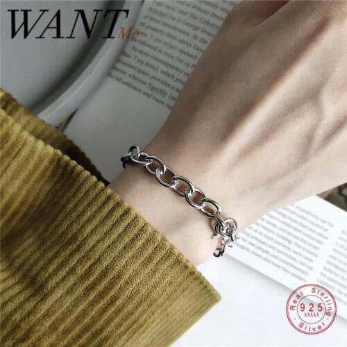 WANTME Genuine 925 Sterling Silver Minimalist Curb Cuban Link Chain Bracelets for Women Unisex Punk Rock Wrist Jewelry Gifts