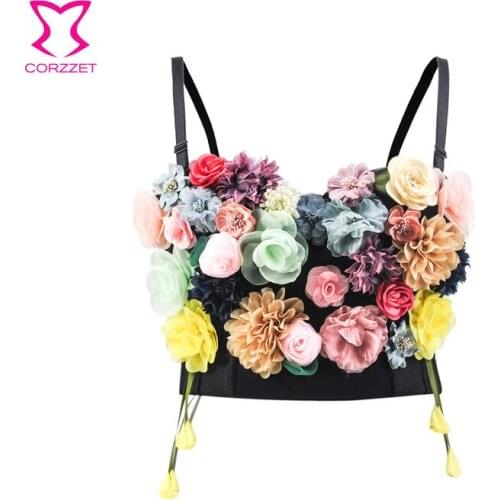 Colorful Floral Appliques Decoration Rave Hot Sexy Push Up Bra Party Clubwear Bralette Crop Top Bustier Burlesque Bras For Women