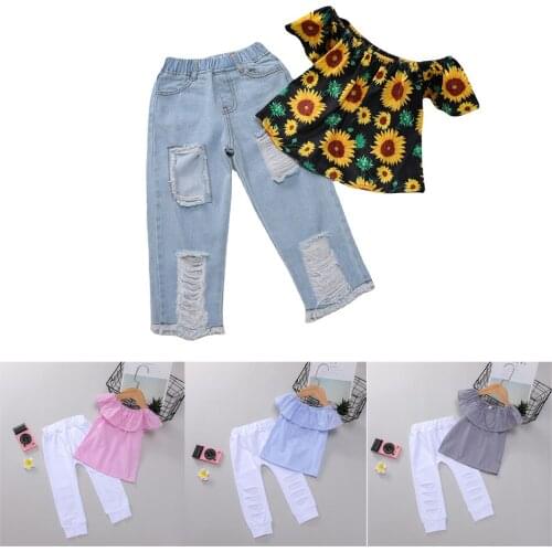 Summer Kids Clothing Set Sunflower Floral Off Shoulder Top Girl Girls Denim Jeans 2Pcs Outfits Set JYF