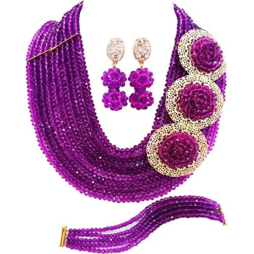 Purple African Wedding Beads Necklace Bracelet Earrings Sets Nigerian Jewelry Set 10SPH08