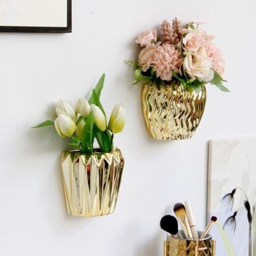 Creative European-style golden wall-mounted ceramic vase flower pot wall decoration fake flower pot wall mural decoration flower