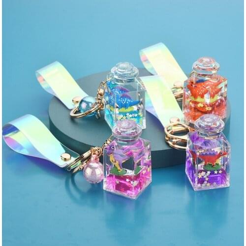 Creative Liquid Quicksand Floating Dinosaur Keyring Cute Cool Dinosaur Star Sequins Keychain Perfume Bottle Bag Key Chains Gifts