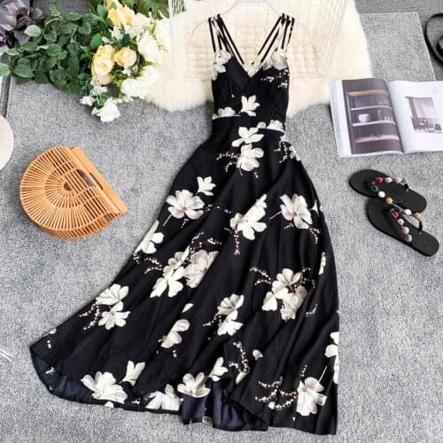 HISUMA summer new womens strap V-neck floral printed waist chiffon dress female sleeveless elegant bohemian dresses