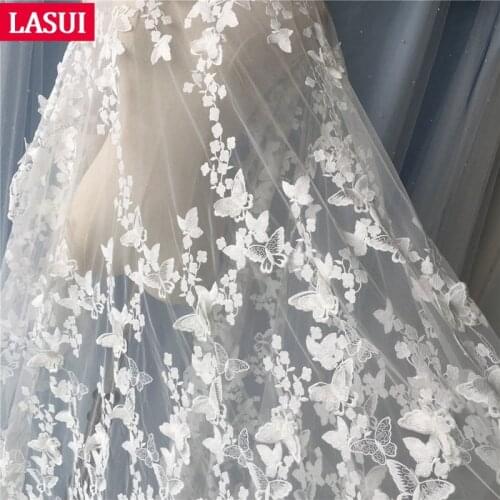 NEW 1y/1lot 3D butterfly embroidery lace Milk silk Soft mesh Applique Wedding dress White Fine mesh Water soluble lace X0282-1
