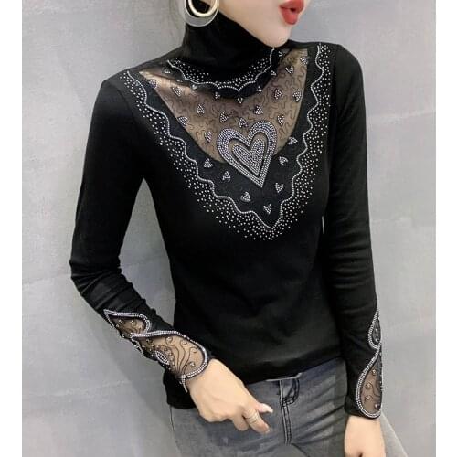 New 2020 Autumn and winter women tshirts high neck lace hollow diamond black tops Plus size women clothing blusas