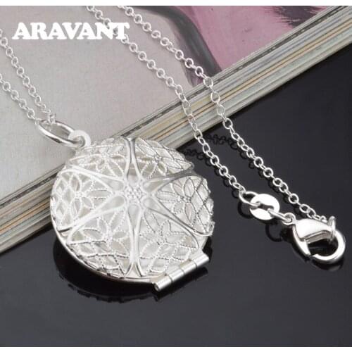 925 Silver Hollow Round Photo Frame Necklace For Women Charm Jewelry