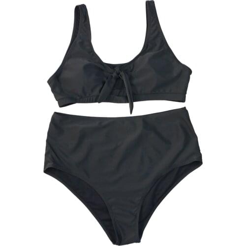 Plus Size Women Split Swimsuit Set Solid Color Low-cut Lace Up Bikini + Elastic Waist Panties for Summer