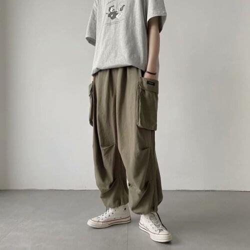 Thin Japanese Jeans With Big Pockets and leg Cuffs for Men 2021 Summer Cargo Pants Vintage INS Street Wide Leg Casual Pants