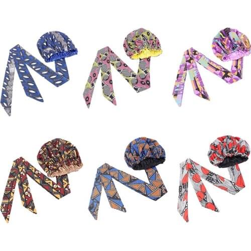 Womens African Printed Satin Hair Cap For Sleeping Round Wrapped Bonnet Haircover Ribbon Fashion Double Turban Hat