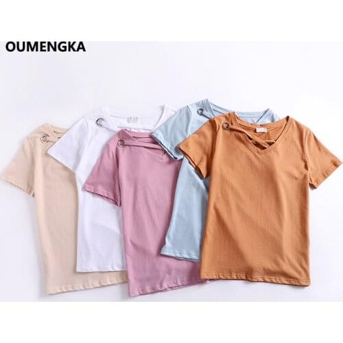 OUMENGKA 2019 Summer Fashion Lace Up T Shirt Women Sexy V Neck Hollow Out Top Cotton Tees Casual Basic Female T-shirt Plus Size