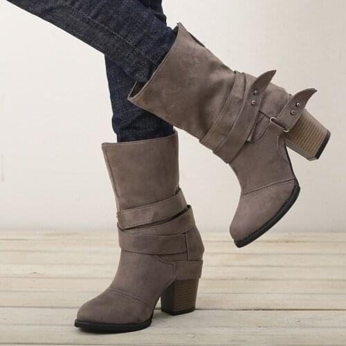 Autumn Casual Mid Calf Women Motocycle Boot Buckle Strap High Heel Shoes For Woman Winter Chunky Heels Martins Boots