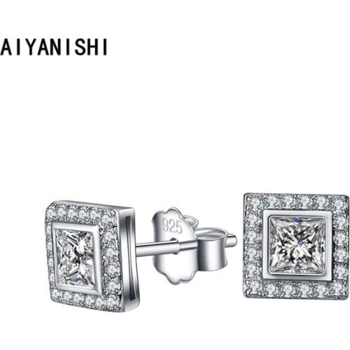 AIYANISHI 925 Sterling Silver Stud Earrings Halo Princess Cut Silver Stud Earrings for Women Wedding Engagement Party LoverGifts